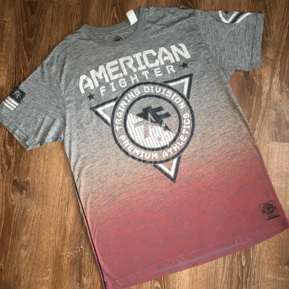 grey and red graphic tee